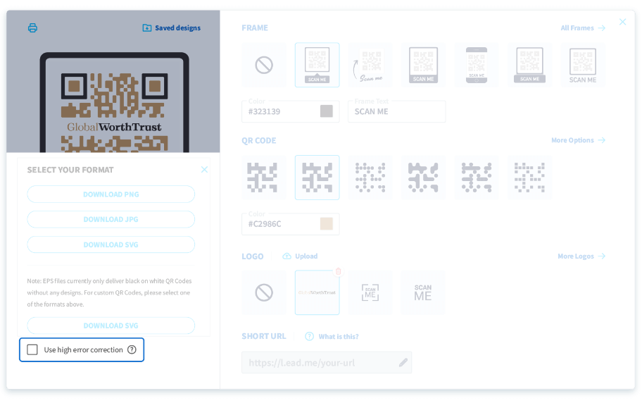 Use high error correction to download your QR Code file.
