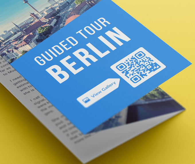 A brochure from a travel agency with a QR Code that links to a guided tour of Berlin displayed in image gallery format.