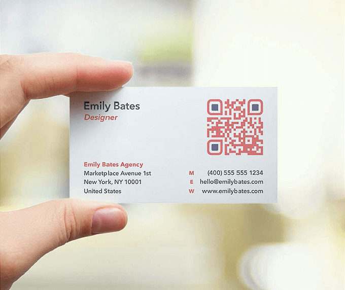 A designer’s business card with a QR Code that links to detailed contact information in vCard.
