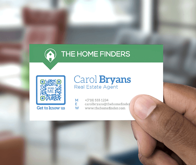 A real estate agent’s business card with a QR Code that links to detailed contact information in vCard.