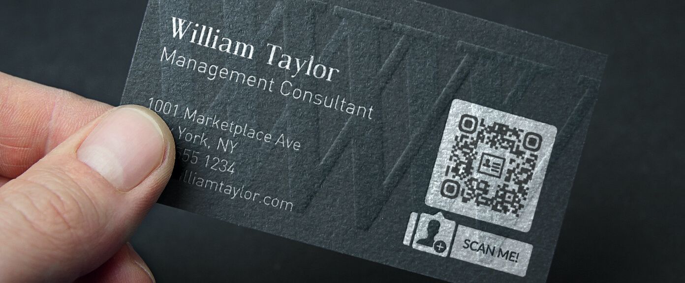A management consultant’s business card with a QR Code that links to detailed contact information in vCard.